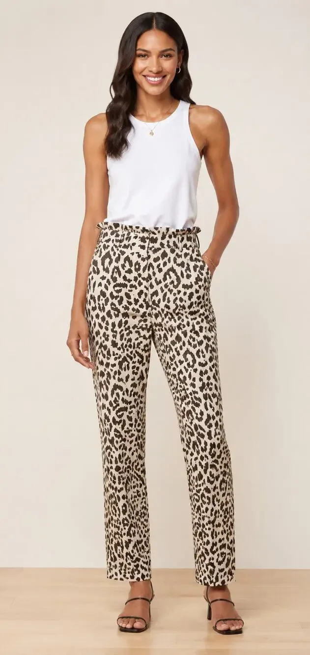 J Crew Ruffle Waist Linen Leopard Pant Trouser Womens Size 0 Tall Animal Print